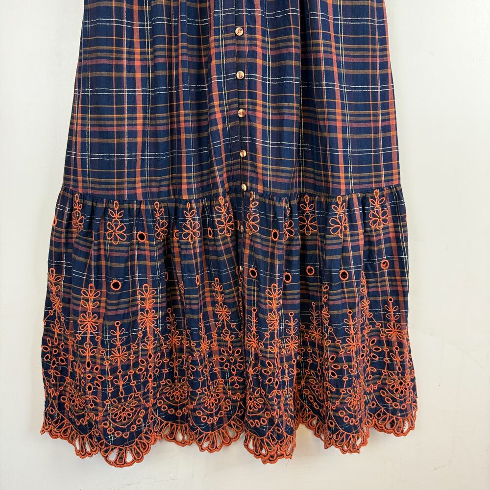 Anthropologie Midi Eyelet Plaid Plaid Navy Blue Orange Dress - 2XS XXS - Picture 3 of 10